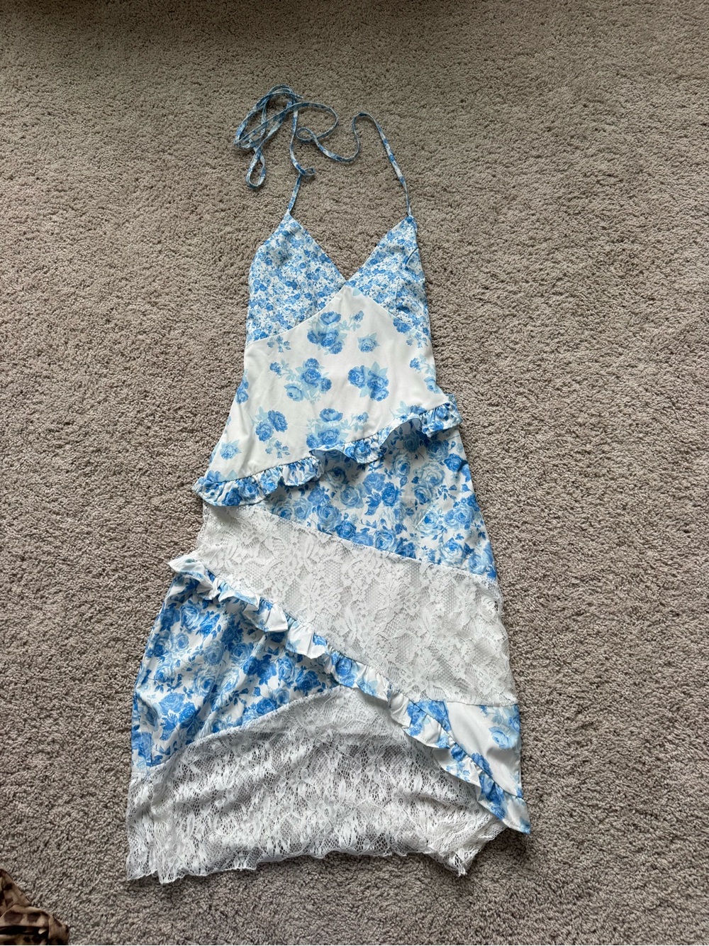 Blue and White Floral Ruffle Slip Dress